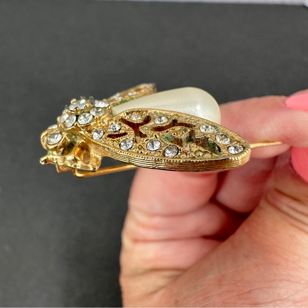 Vintage Bee Fly Bug Insect Stick Hat Lapel Pin Gold Tone Rhinestone Faux Pearl - Picture 7 of 16